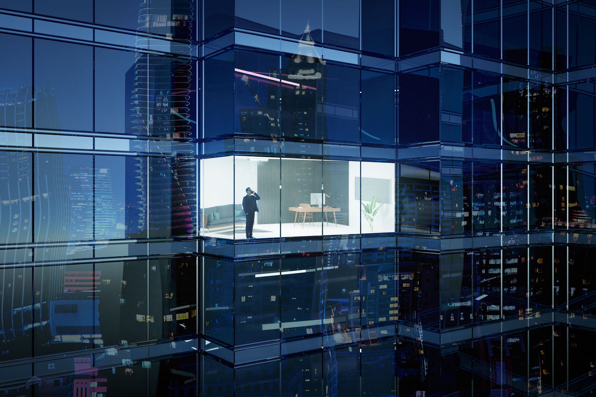 Businessman using mobile phone to talk business in office. View from the outside 3D rendering commercial skyscraper.