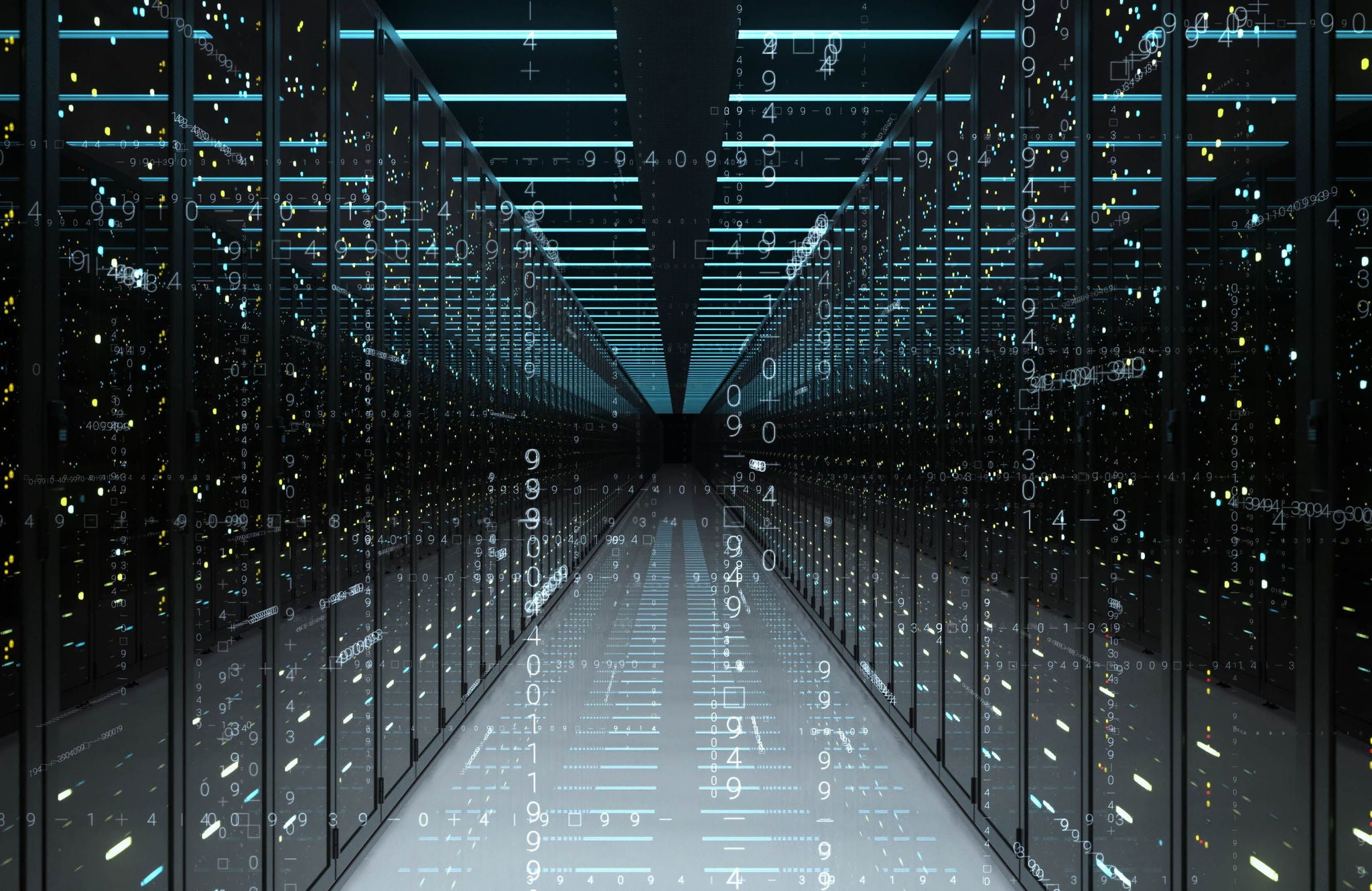 A row of servers symmetrically lined up in a data center