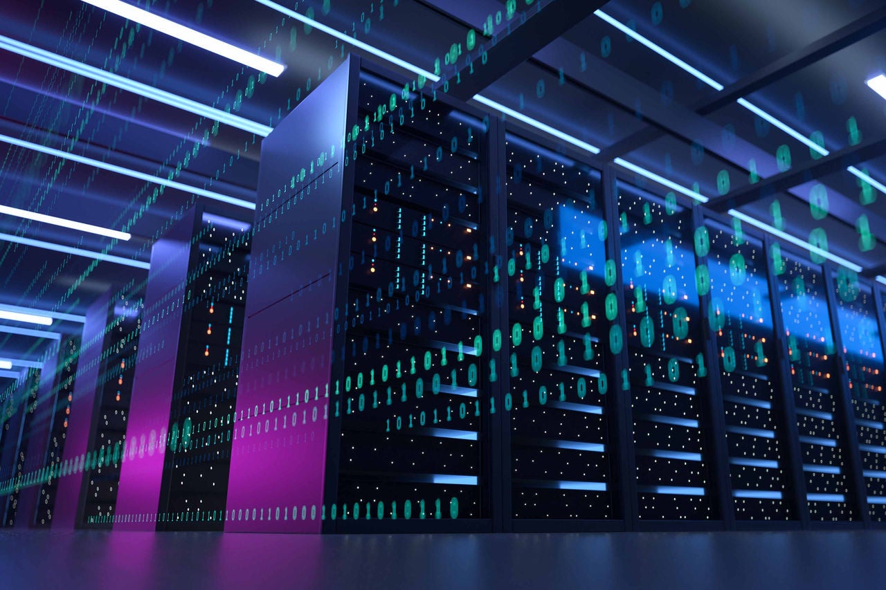 Working Data Center Full of Rack Servers and Supercomputers, Modern Telecommunications, Artificial Intelligence