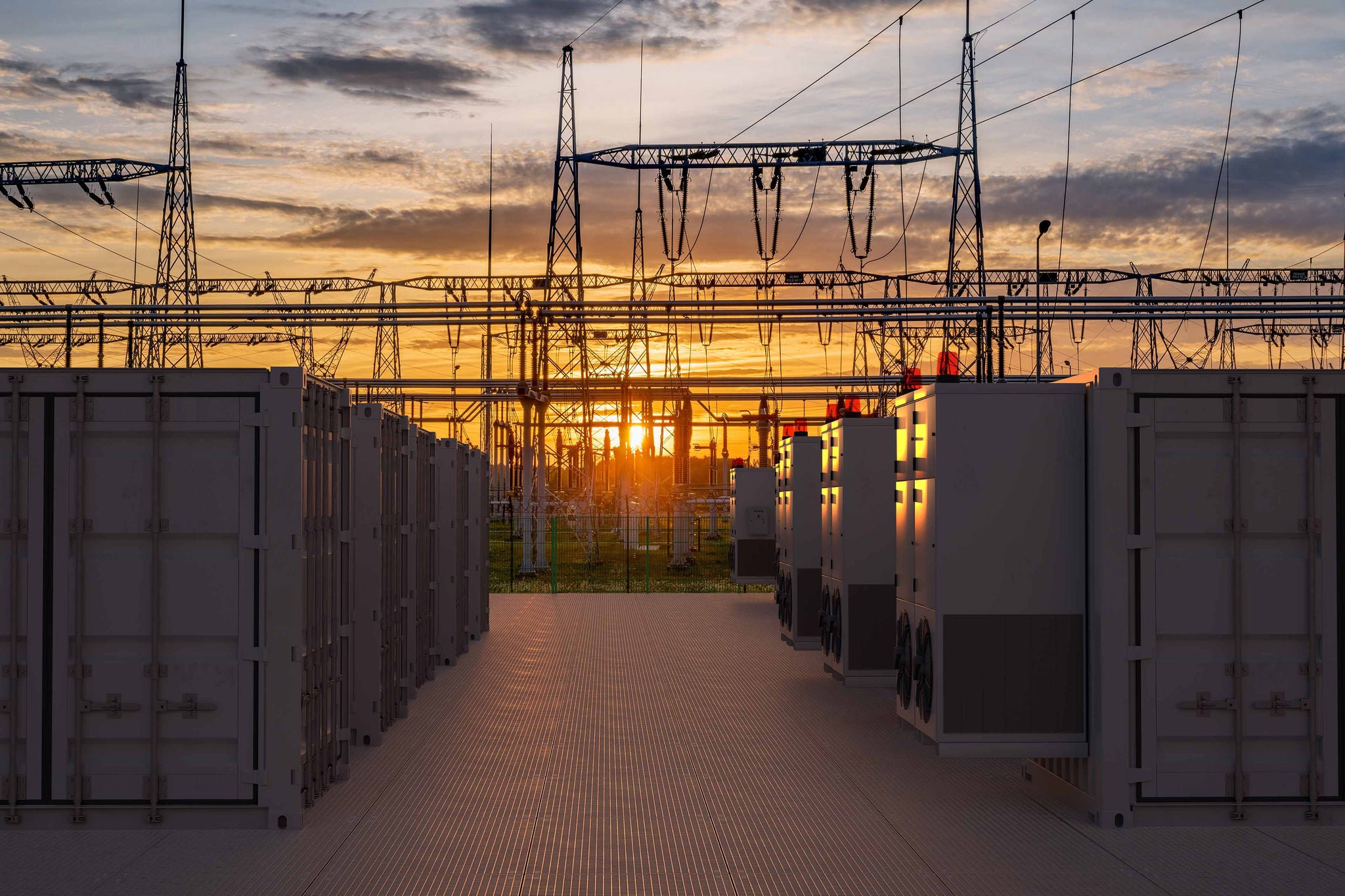 Electricity storage facilities against the backdrop of high-voltage transmission lines	