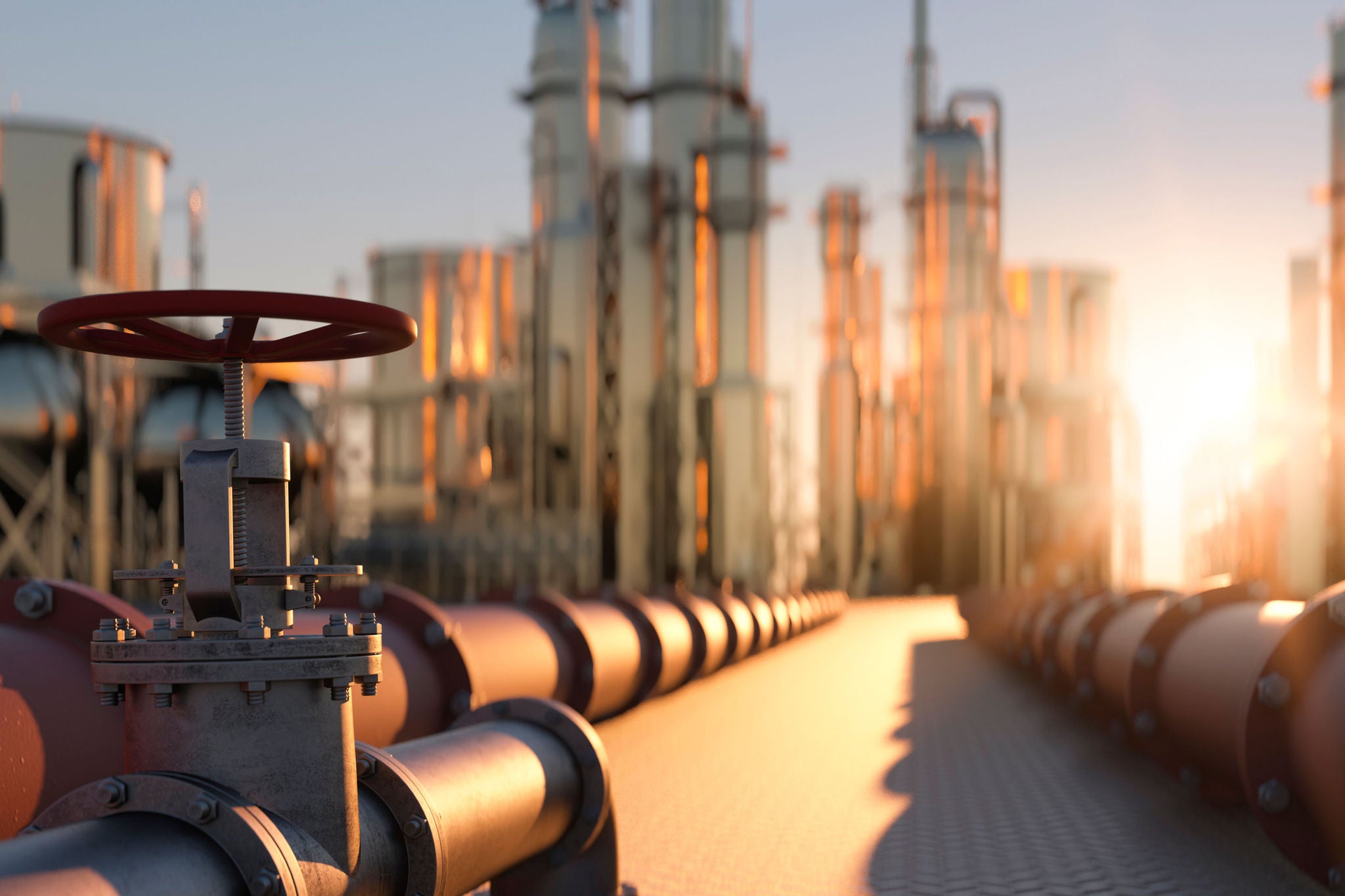 Large industrial gas pipelines in a modern refinery at sunrise 3d render