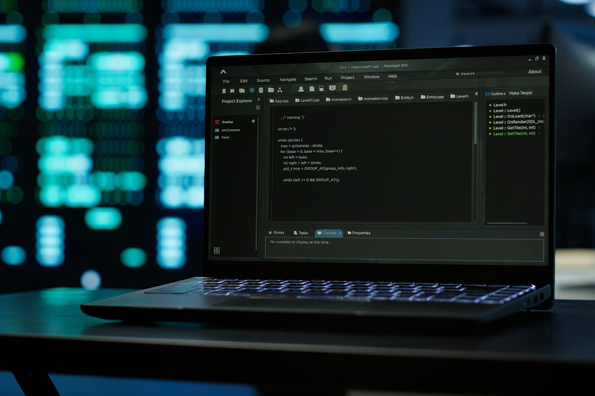 Close up of code running on laptop screen in data center