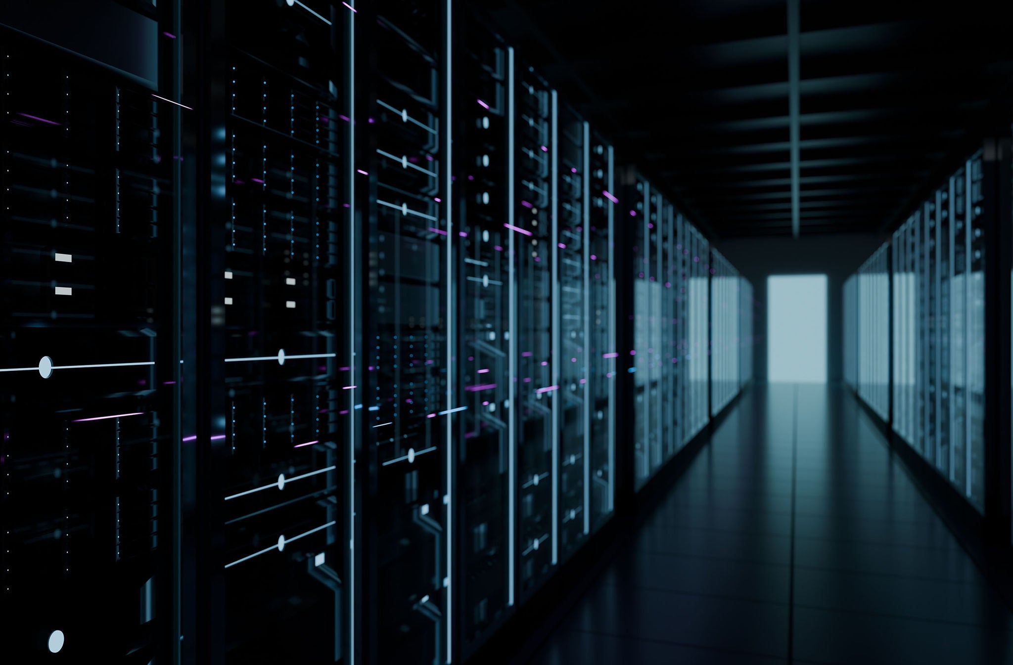 Computer server room in data centerwith lights