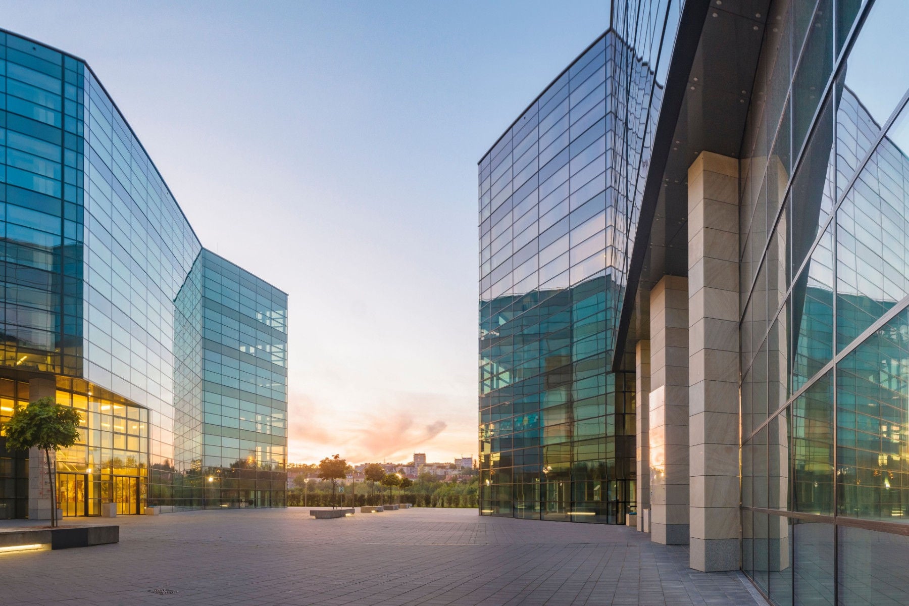 Modern office building at sunrise