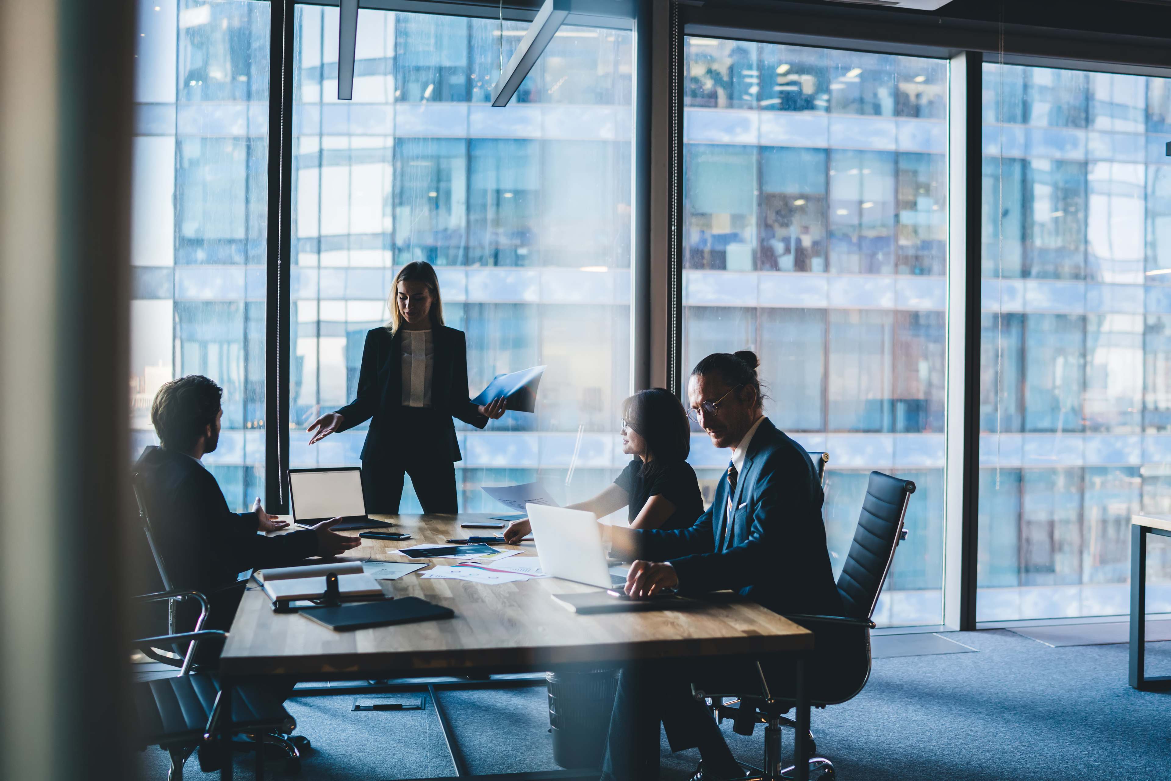 Business man, presentation and monitor in boardroom 